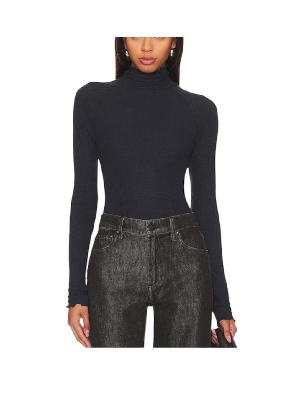 Free People Make It Easy Thermal Top Black Stretch Lettuce Trim Long Sleeve